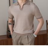 Solid Chic Knit Shirt, Men's Casual Lapel Slightly Stretch V-Neck Pullover Sweater For Autumn Winter