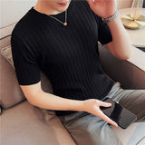 Slim-fit High Elastic Pleated Striped Short-sleeved Top For Men