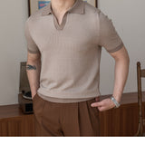 Solid Chic Knit Shirt, Men's Casual Lapel Slightly Stretch V-Neck Pullover Sweater For Autumn Winter