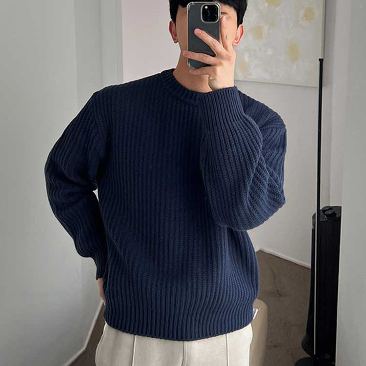 Men's Long-Sleeve 100% Cotton Fisherman Cable Crewneck Sweater - Dolce Elegante