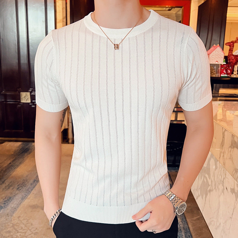 Herren-T-Shirt mit Rundhalsausschnitt, kurzärmlig, ausgehöhlt, halbärmelig, aus Eisseide