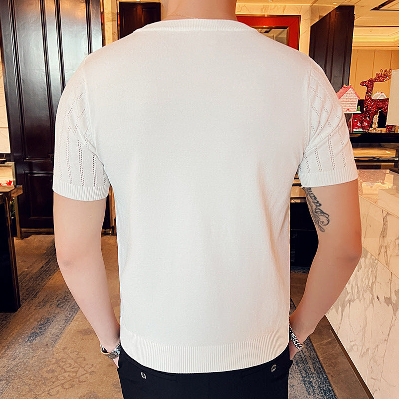 Men's Short Sleeve Hollow-out Half-sleeved Ice Silk Crew Neck T-shirt